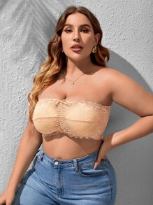 Plus Floral Lace Ruched Bow Front Bandeau Bralet - Apricot - View 3