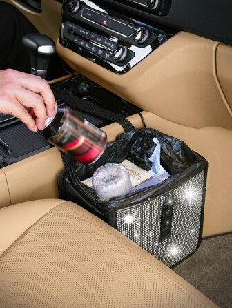 1pc Rhinestone Decor Car Trash Can
