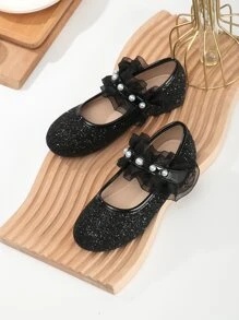 女孩金屬亮絲人造珍珠裝飾荷葉邊瑪麗珍平底鞋 - 黑色 - 查看 2