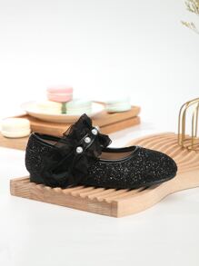 女孩金屬亮絲人造珍珠裝飾荷葉邊瑪麗珍平底鞋 - 黑色 - 查看 3