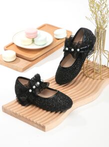 女孩金屬亮絲人造珍珠裝飾荷葉邊瑪麗珍平底鞋 - 黑色 - 查看 4