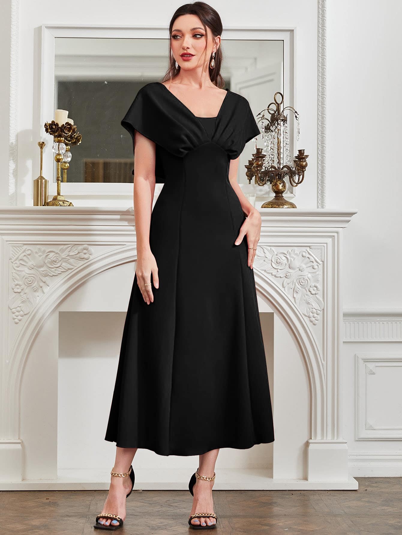 Modelyn Solid Fold Pleated Detail A-line Dress - Black - View 1