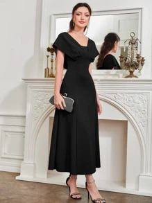 Modelyn Solid Fold Pleated Detail A-line Dress - Black - View 6