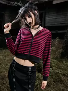 ROMWE Striped Zip Up Crop Hoodie - Multicolor - View 1