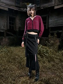 ROMWE Striped Zip Up Crop Hoodie - Multicolor - View 3