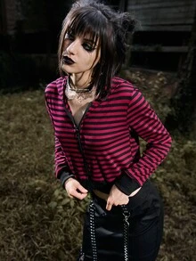 ROMWE Striped Zip Up Crop Hoodie - Multicolor - View 4