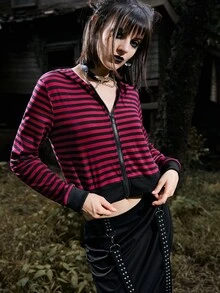 ROMWE Striped Zip Up Crop Hoodie - Multicolor - View 5