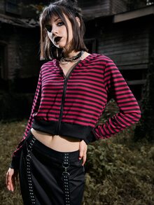 ROMWE Striped Zip Up Crop Hoodie - Multicolor - View 6