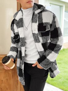 Manfinity Homme 宽松版型水牛格子图案翻盖口袋外套，男士，轻便夹克，彩色，长袖，外出，休闲，男友礼物，法兰绒