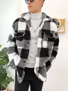 Manfinity Homme 宽松版型水牛格子图案翻盖口袋外套，男士，轻便夹克，彩色，长袖，外出，休闲，男友礼物，法兰绒