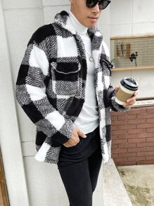 Manfinity Homme 宽松版型水牛格子图案翻盖口袋外套，男士，轻便夹克，彩色，长袖，外出，休闲，男友礼物，法兰绒