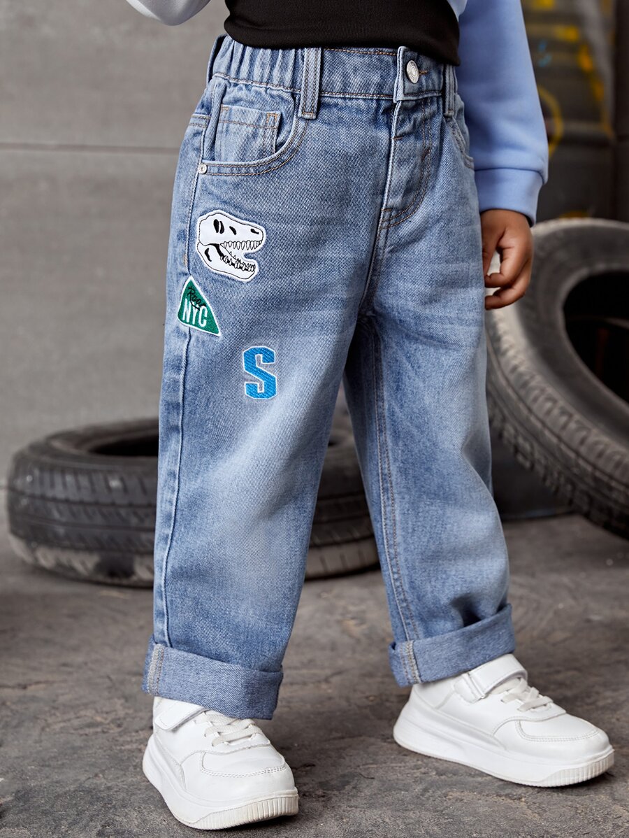SHEIN Playful Pals Young Boy Letter & Dinosaur Embroidery Straight Leg Jeans Chic Outfits For Autumn/Winter
