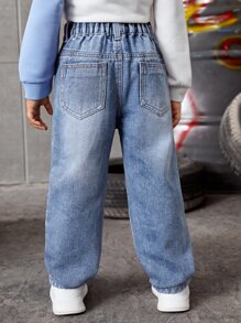 SHEIN Playful Pals Young Boy Letter & Dinosaur Embroidery Straight Leg Jeans Chic Outfits For Autumn/Winter