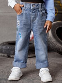 SHEIN Playful Pals Young Boy Letter & Dinosaur Embroidery Straight Leg Jeans Chic Outfits For Autumn/Winter