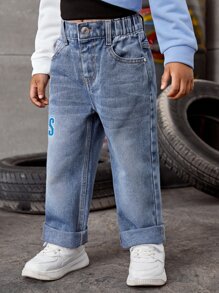 SHEIN Playful Pals Young Boy Letter & Dinosaur Embroidery Straight Leg Jeans Chic Outfits For Autumn/Winter