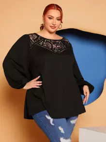 SHEIN CURVE+ Plus Lace Yoke Lantern Sleeve Top - Black - View 1