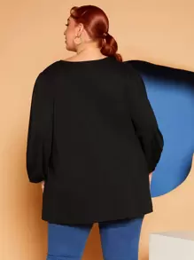 SHEIN CURVE+ Plus Lace Yoke Lantern Sleeve Top - Black - View 2