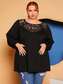 SHEIN CURVE+ Plus Lace Yoke Lantern Sleeve Top - Black - View 3