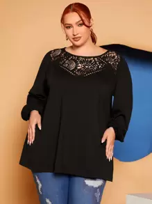 SHEIN CURVE+ Plus Lace Yoke Lantern Sleeve Top - Black - View 4