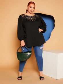 SHEIN CURVE+ Plus Lace Yoke Lantern Sleeve Top - Black - View 5