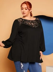 SHEIN CURVE+ Plus Lace Yoke Lantern Sleeve Top - Black - View 6