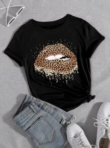 SHEIN LUNE Mouth Graphic Short Sleeve Tee Cheetah Print Tee - Black - View 1