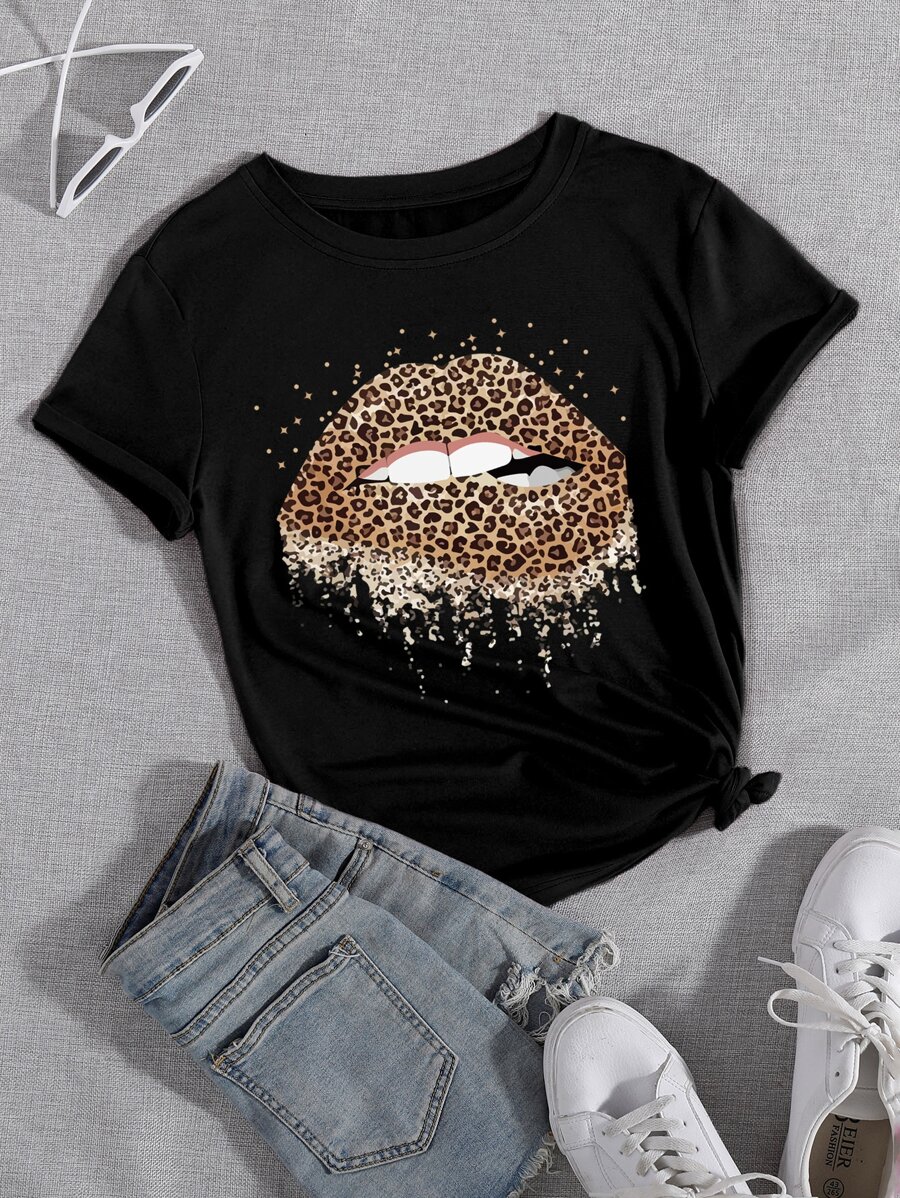 SHEIN LUNE Mouth Graphic Short Sleeve Tee Cheetah Print Tee - Black - View 1