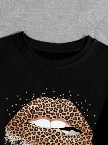 SHEIN LUNE Mouth Graphic Short Sleeve Tee Cheetah Print Tee - Black - View 3