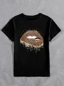 SHEIN LUNE Mouth Graphic Short Sleeve Tee Cheetah Print Tee - Black - View 4