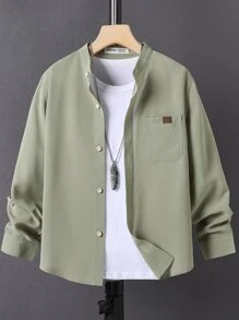 SHEIN Boys Letter Patched Detail Button Front Shirt Without Tee - Army Green - View 1