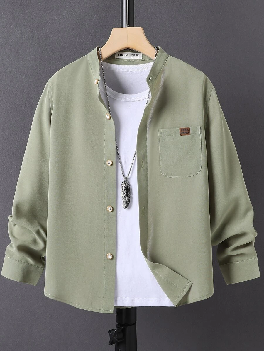 SHEIN Boys Letter Patched Detail Button Front Shirt Without Tee - Army Green - View 1