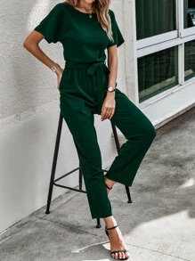 SHEIN LUNE 蝙蝠袖後鎖孔腰帶連身褲 - 墨綠色 - 查看 4