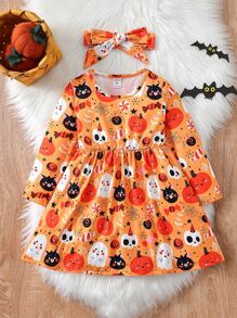 小女童萬聖印花洋裝和頭巾