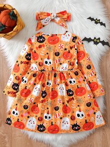 小女童萬聖印花洋裝和頭巾