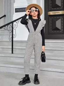 SHEIN 女孩千鳥格印花荷葉邊連身褲不帶T恤 - 彩色 - 查看 1