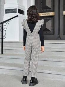 SHEIN 女孩千鳥格印花荷葉邊連身褲不帶T恤 - 彩色 - 查看 2