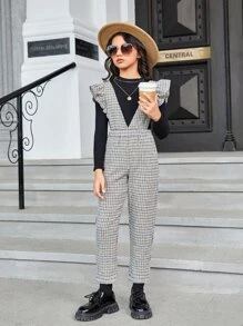 SHEIN 女孩千鳥格印花荷葉邊連身褲不帶T恤 - 彩色 - 查看 3