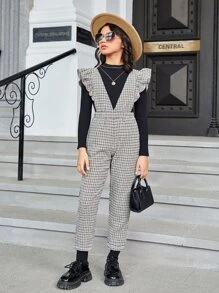 SHEIN 女孩千鳥格印花荷葉邊連身褲不帶T恤 - 彩色 - 查看 4