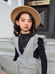 SHEIN 女孩千鳥格印花荷葉邊連身褲不帶T恤 - 彩色 - 查看 5