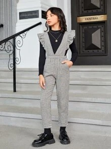 SHEIN 女孩千鳥格印花荷葉邊連身褲不帶T恤 - 彩色 - 查看 6