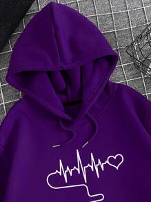 Manfinity Dauomo Men Gamepad And Heart Print Kangaroo Pocket Drawstring Thermal Hoodie - Purple - View 5