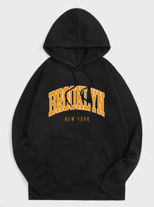 男士字母圖案保暖抽繩連帽衫 - 黑色 - 查看 1