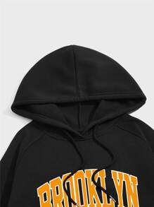 男士字母圖案保暖抽繩連帽衫 - 黑色 - 查看 4