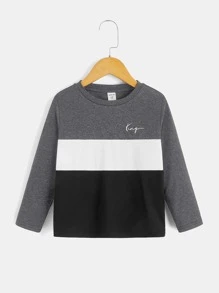 SHEIN Toddler Boys Colour Block Letter Graphic Tee - Dark Grey - View 1