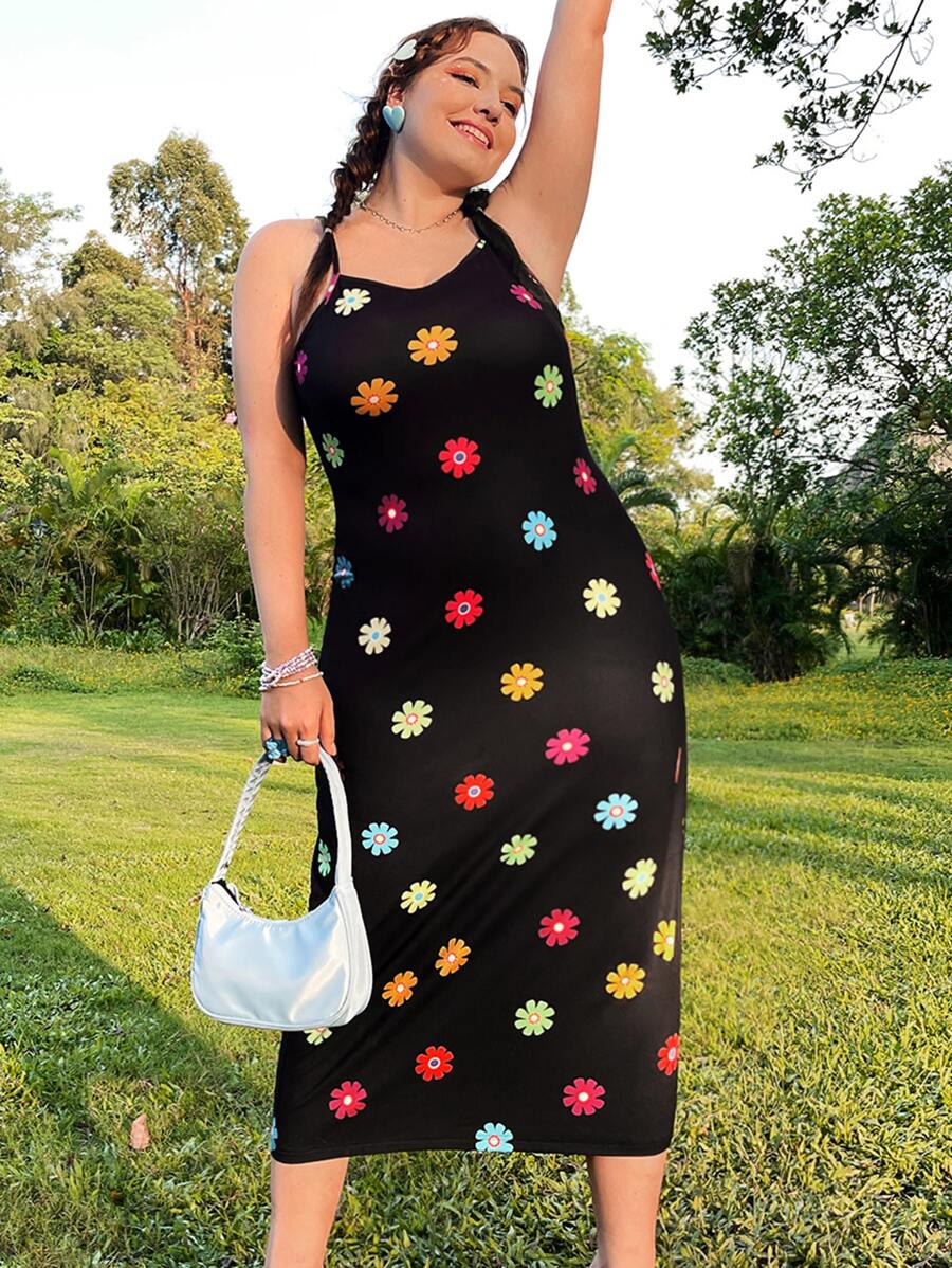 Dreamara Plus Dopamine Floral Print Cami Dress - Black - View 1