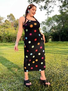 Dreamara Plus Dopamine Floral Print Cami Dress - Black - View 3