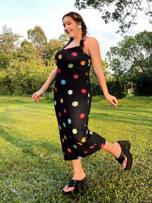 Dreamara Plus Dopamine Floral Print Cami Dress - Black - View 5