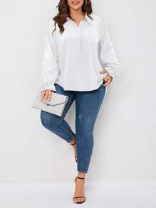 SHEIN LUNE Áo sơ mi Plus Size Thắt nút màu trơn Giải trí - trắng - Xem 3