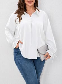 SHEIN LUNE Áo sơ mi Plus Size Thắt nút màu trơn Giải trí - trắng - Xem 4