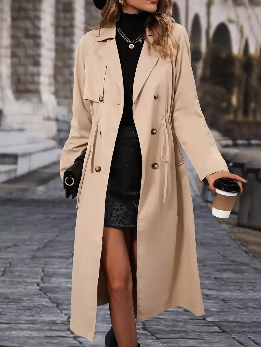 Chiquease Raglan Sleeve Double Breasted Drawstring Waist Trench Coat - Khaki - View 1